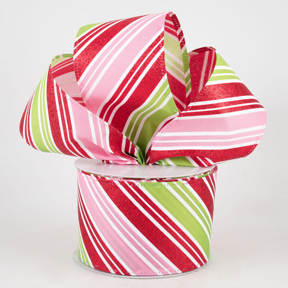2.5" Glitter Candy Cane Stripe Ribbon: Pink, Lime, Red (10 Yards) Lifestyle Photo