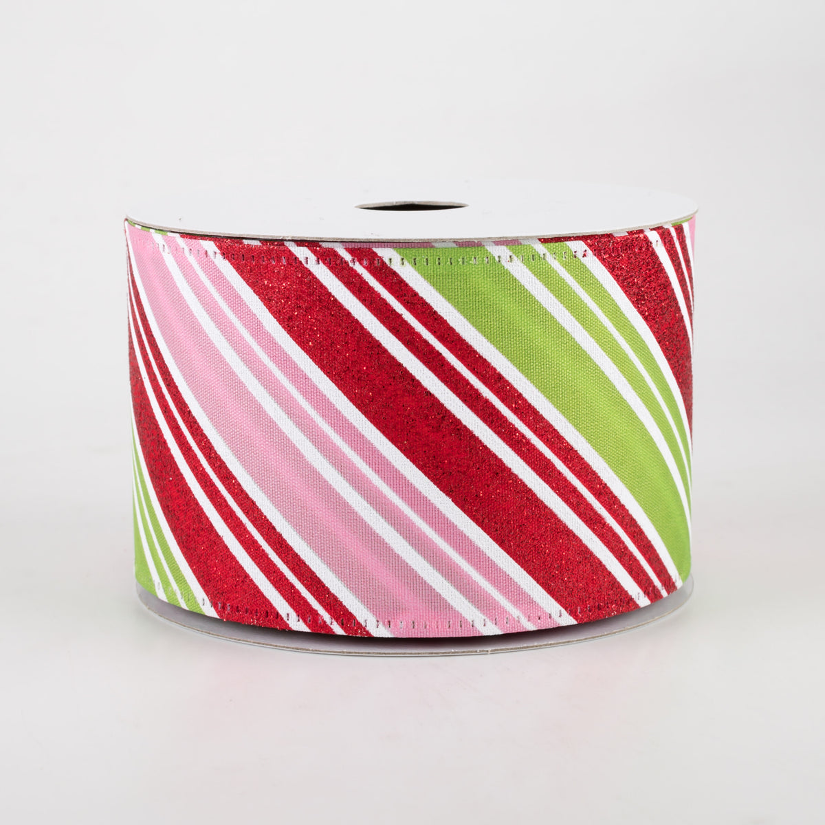 2.5" Glitter Candy Cane Stripe Ribbon: Pink, Lime, Red (10 Yards)