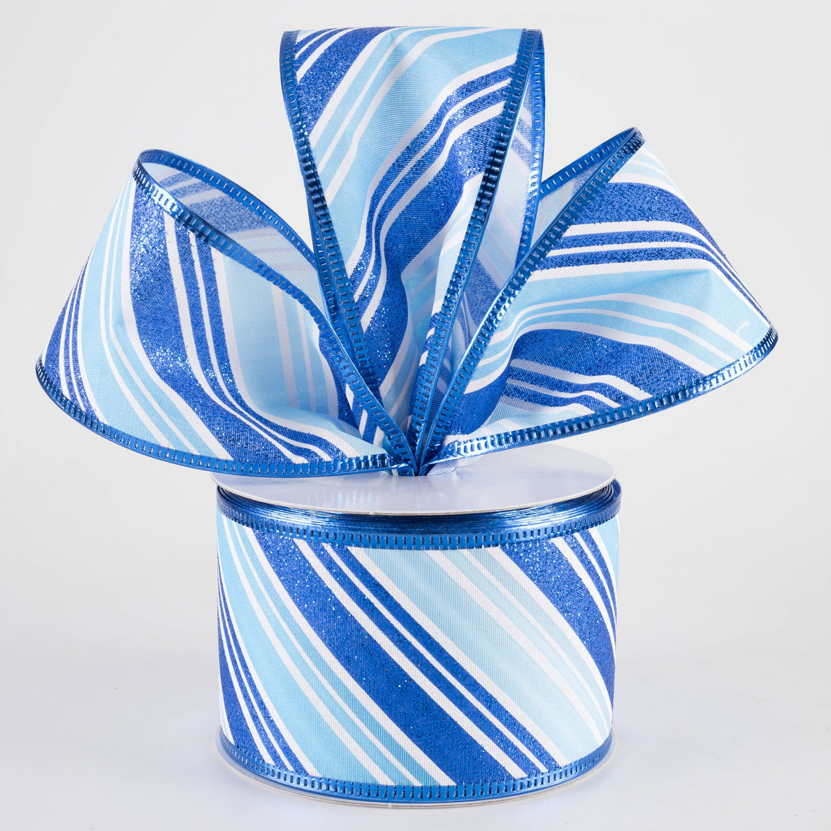 2.5" Glitter Candy Cane Stripe Ribbon: White & Blues (10 Yards) Lifestyle Photo