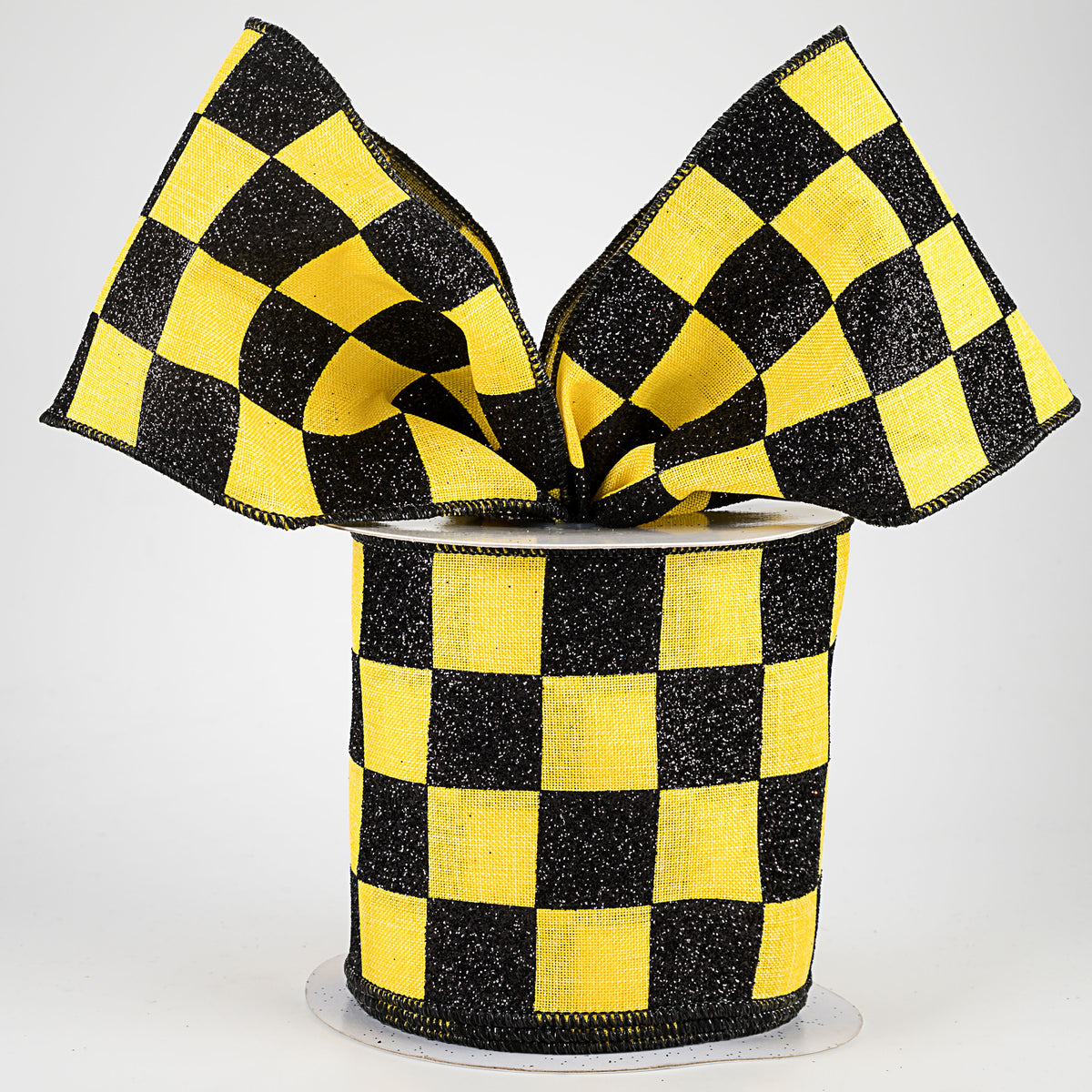 4" Glitter Check Ribbon: Black & Yellow (10 Yards) Lifestyle Photo