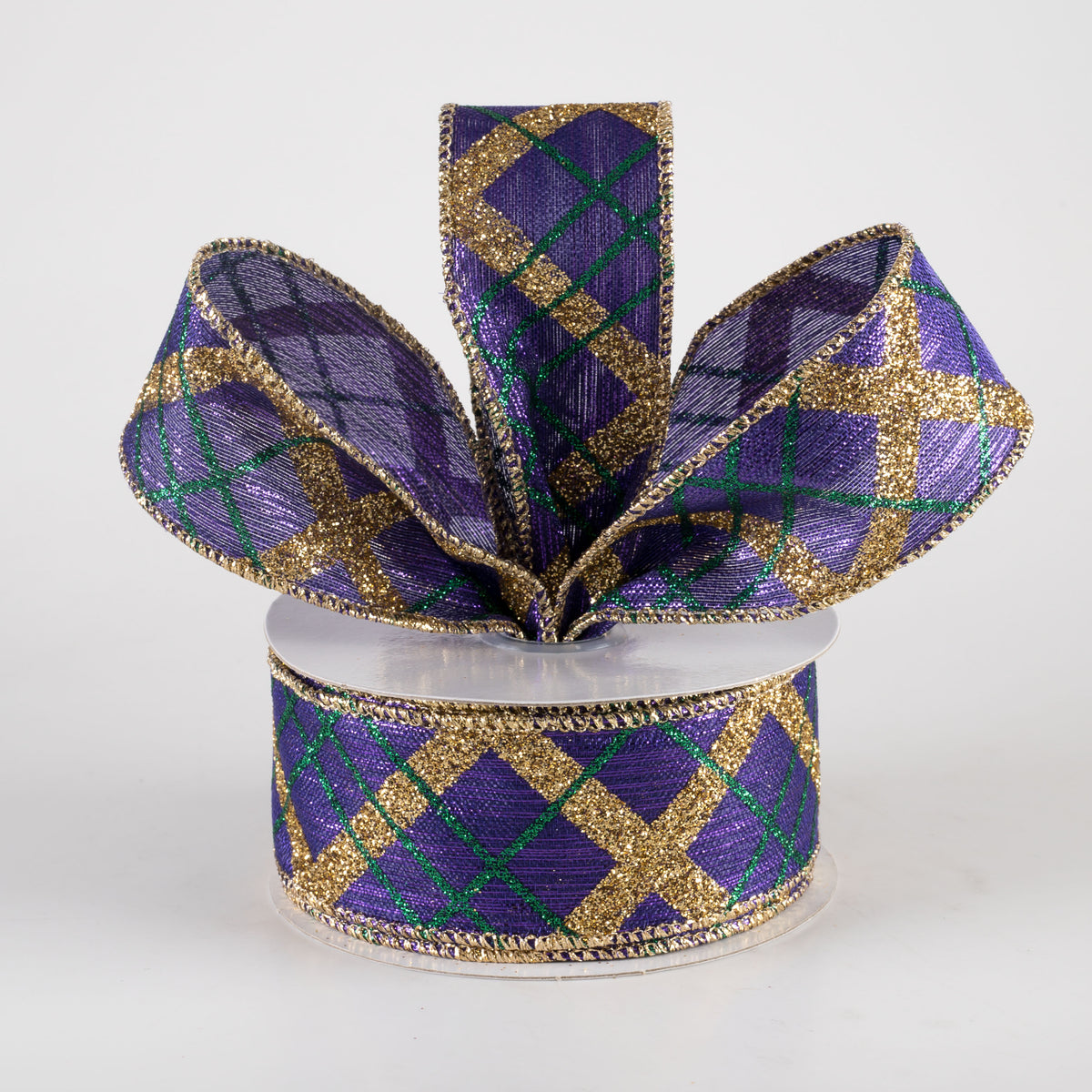 1.5" Glitter Diagonal Plaid Ribbon: Purple Mardi Gras (10 Yards) Lifestyle Photo