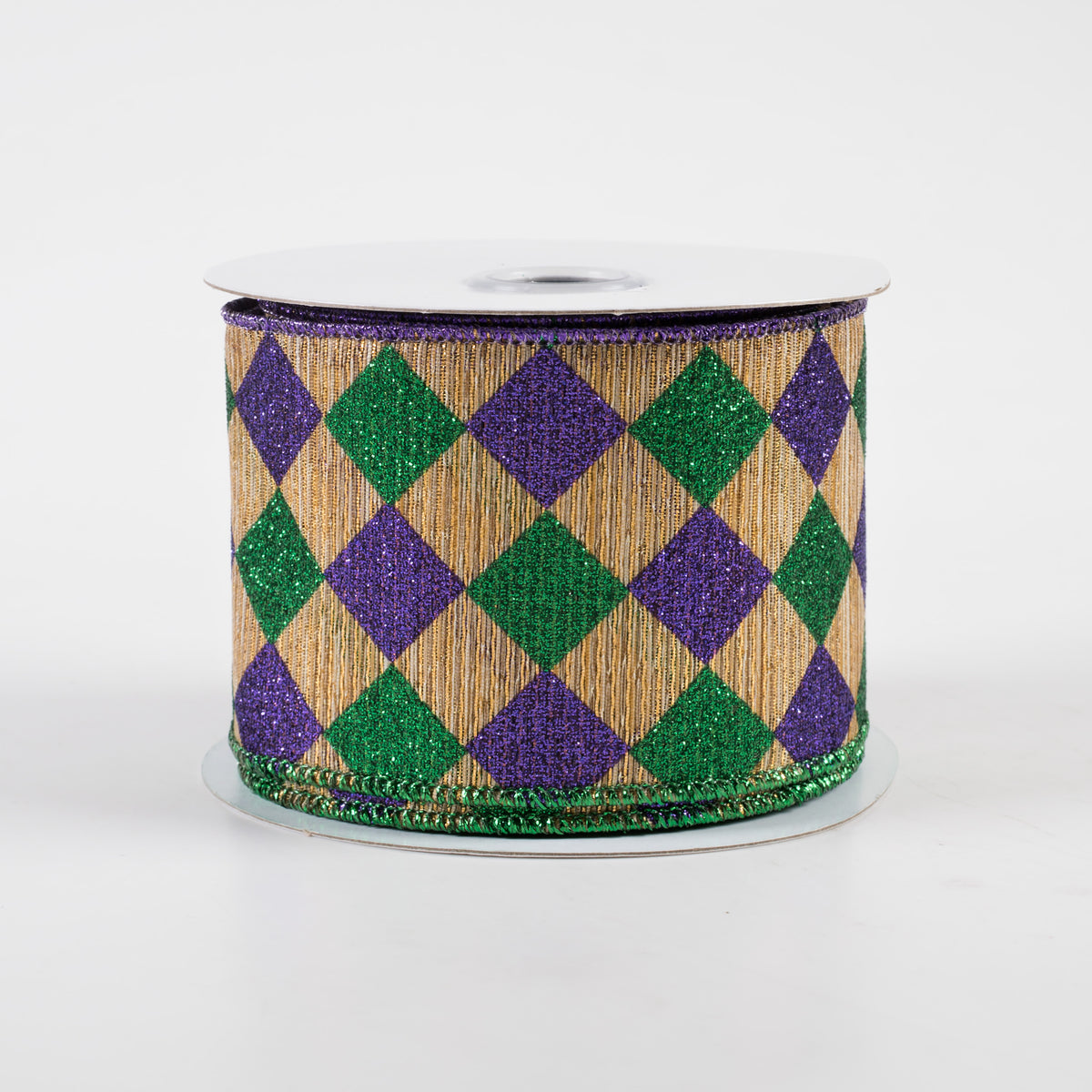 2.5" Glitter Diamond Check Woven Metallic Lines Ribbon: Antique Gold Mardi Gras (10 Yards)