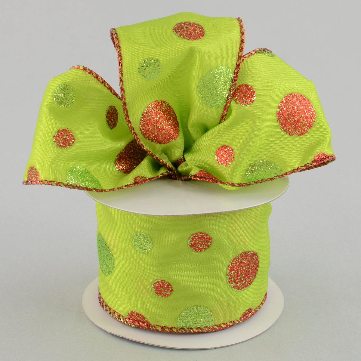 2.5" Glitter Dots Ribbon: Lime/Red (10 Yards) Lifestyle Photo