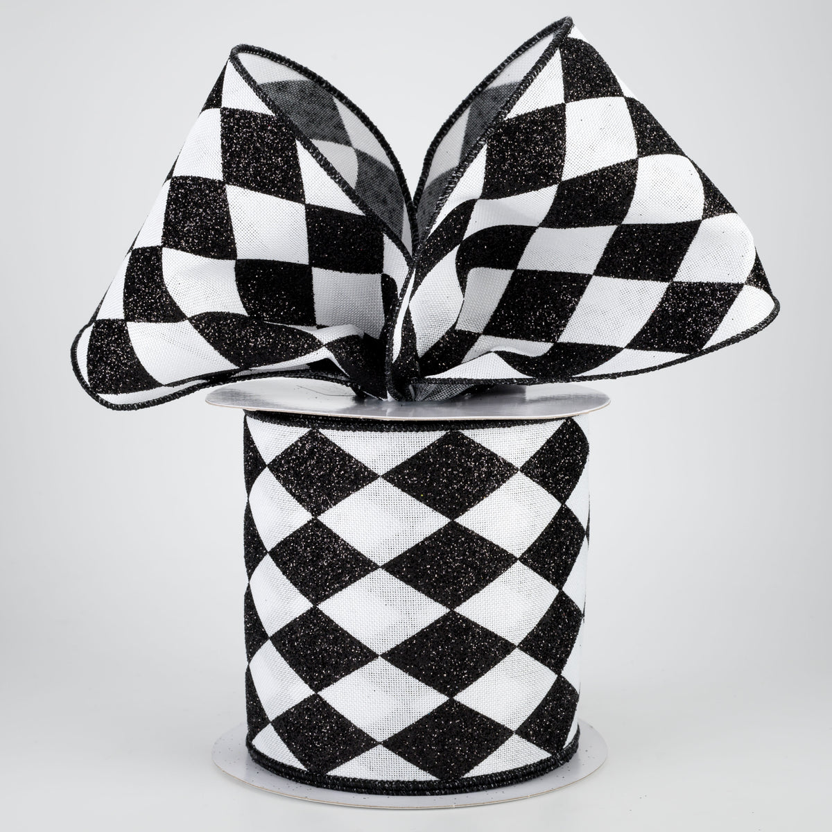 4" Glitter Harlequin Ribbon: Black & White (10 Yards) Lifestyle Photo