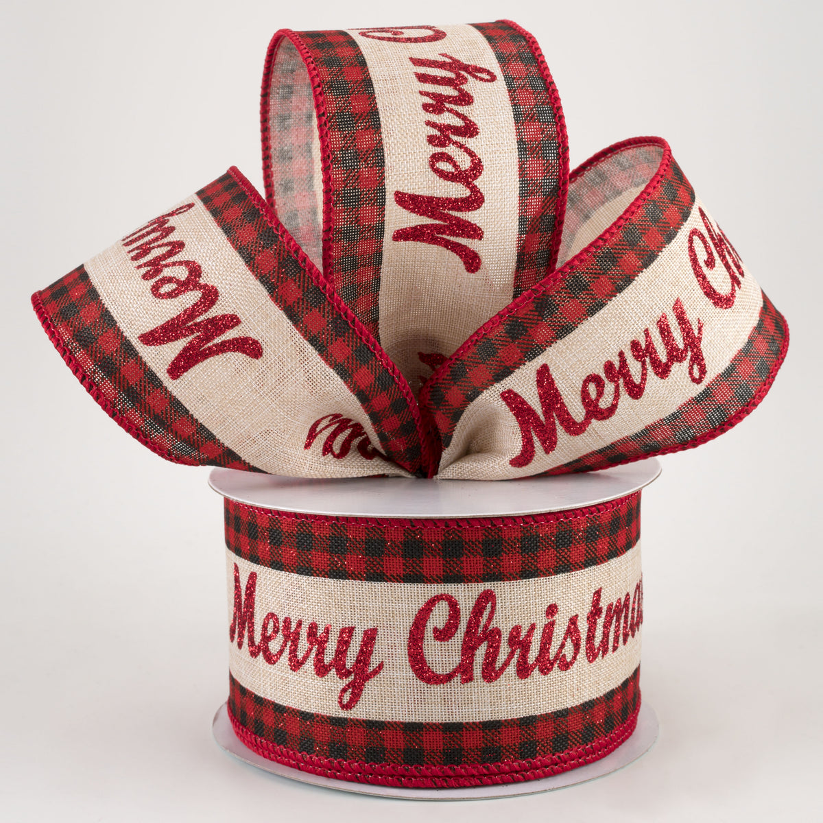 2.5" Glitter Merry Christmas Check Ribbon: Natural, Black, Red (10 Yards) Lifestyle Photo