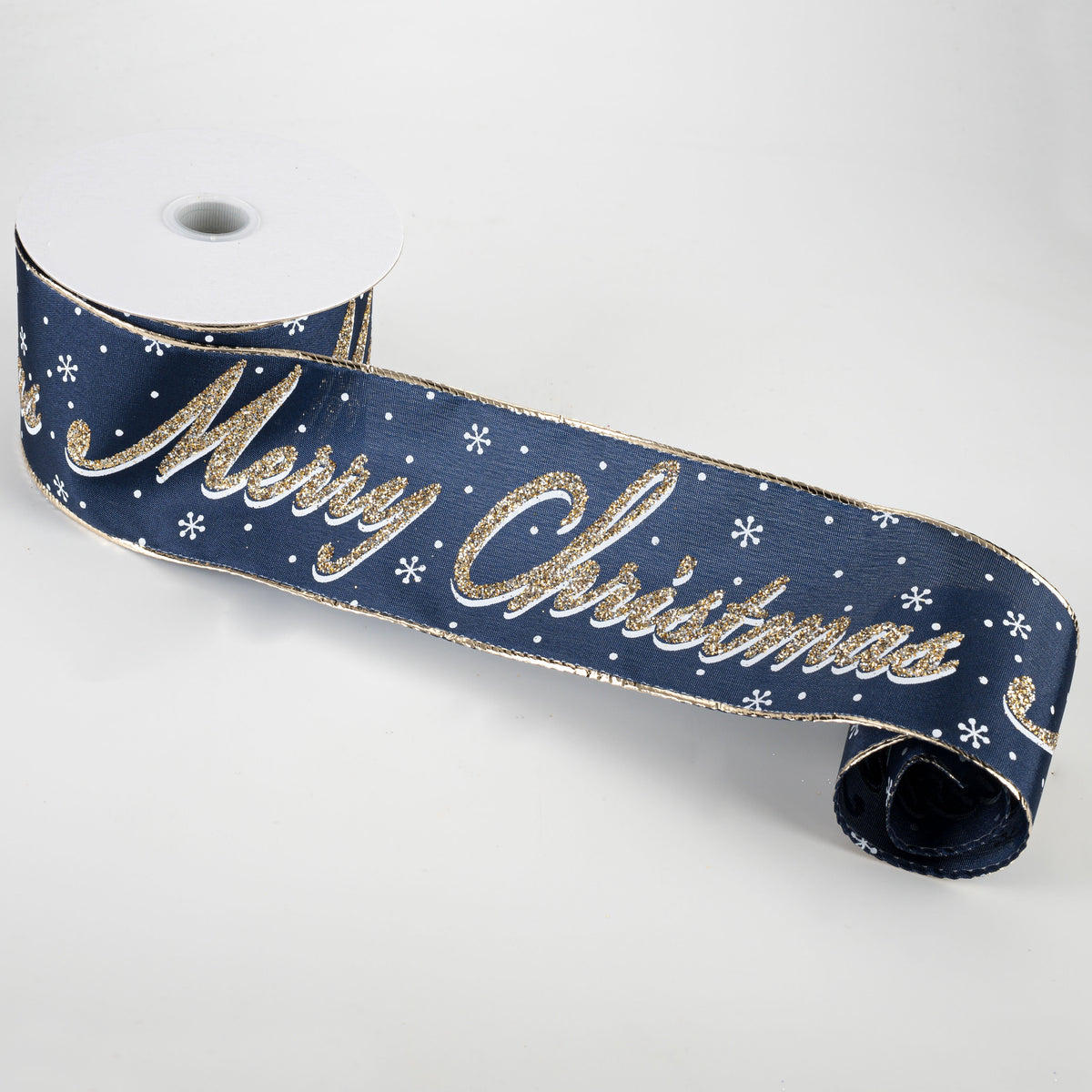 2.5" Glitter Merry Christmas Lettering Ribbon: Navy, Champagne Gold, White (10 Yards) Lifestyle Photo