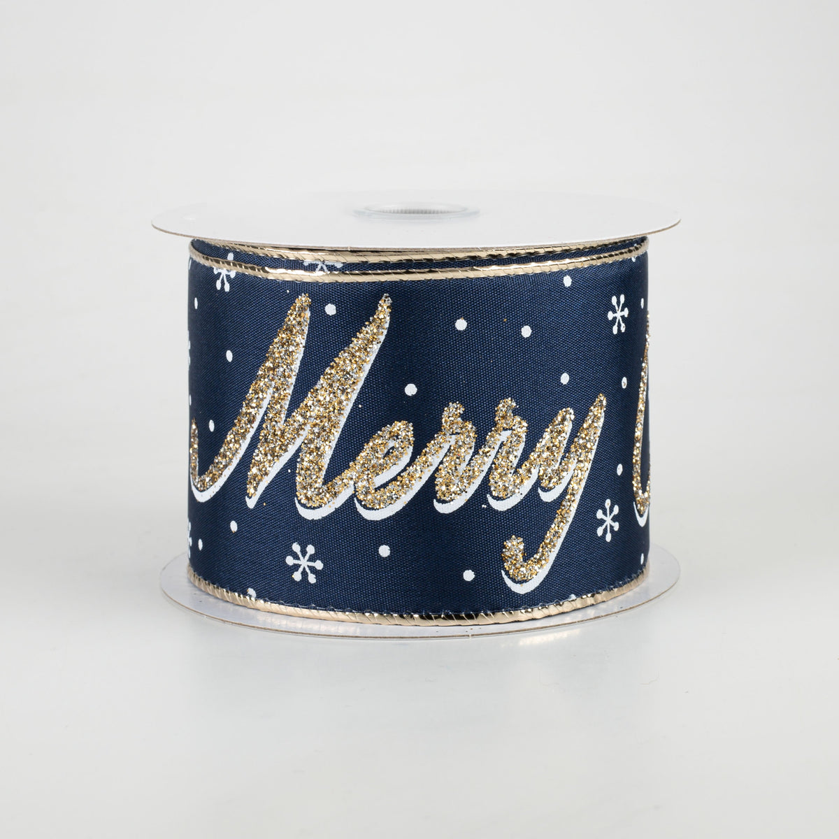 2.5" Glitter Merry Christmas Lettering Ribbon: Navy, Champagne Gold, White (10 Yards) Item Number: 72046-40-27