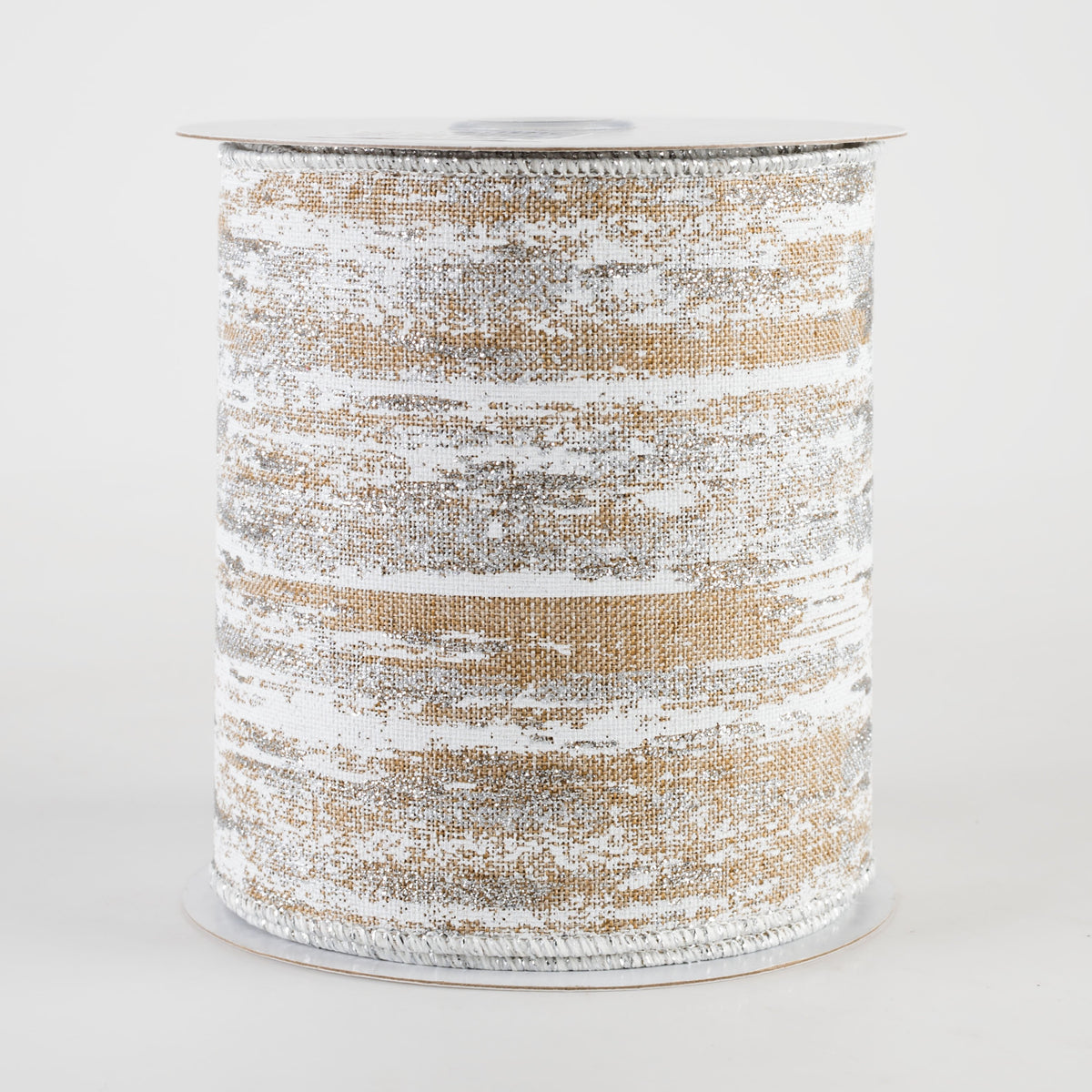 4" Glitter Metallic Paint Streaks Ribbon: Beige, White & Silver (10 Yards) Item Number: RGB11521C