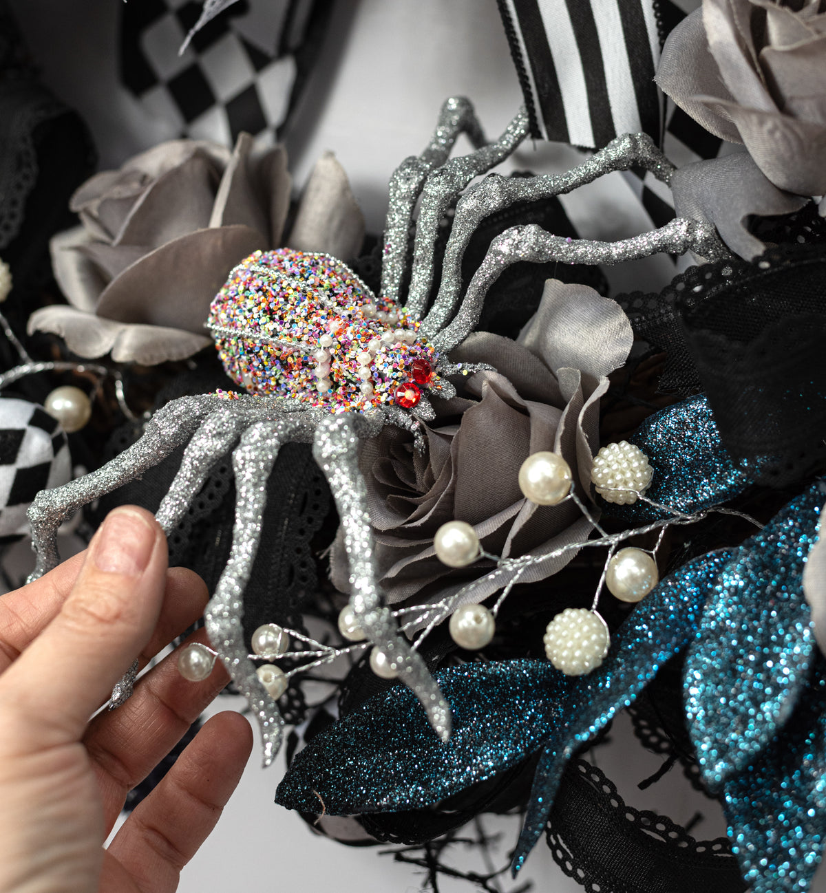 5.75" Glitter, Pearl & Bead Spider: Silver Lifestyle Photo