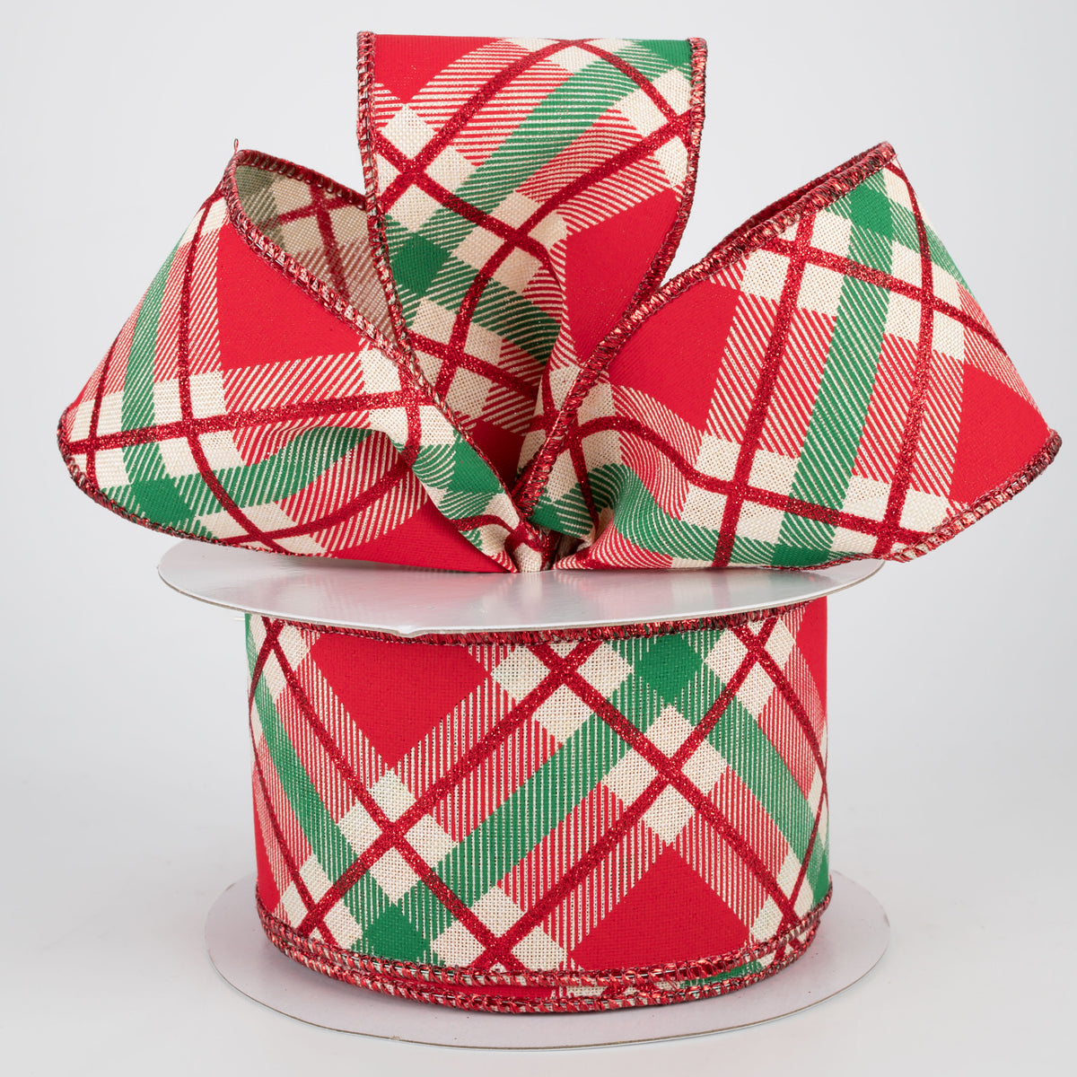 2.5" Glitter Plaid Ribbon: Cream, Red, Emerald (10 Yards) Lifestyle Photo