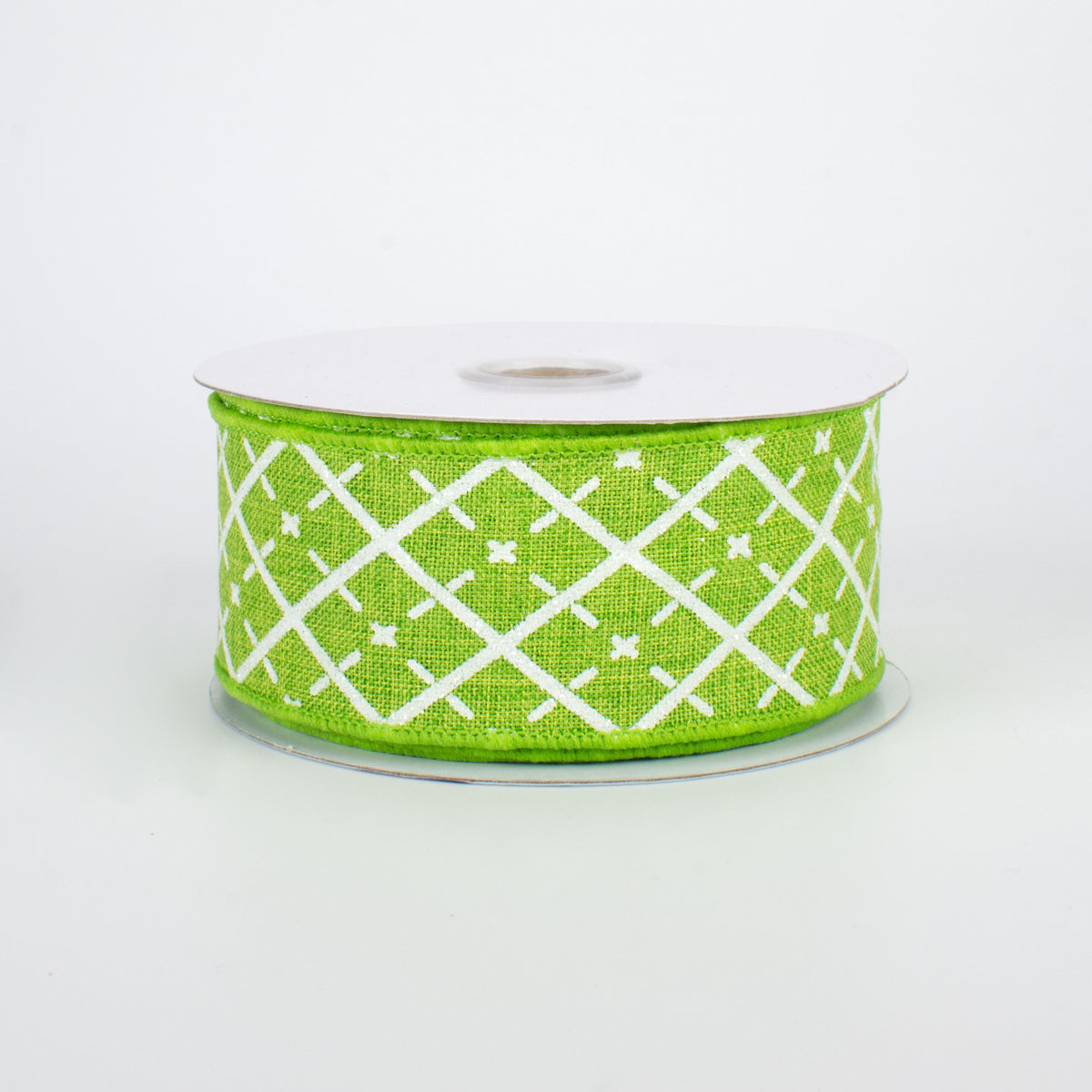 1.5" Glittered Argyle Ribbon: Fresh Green & White (10 Yards)