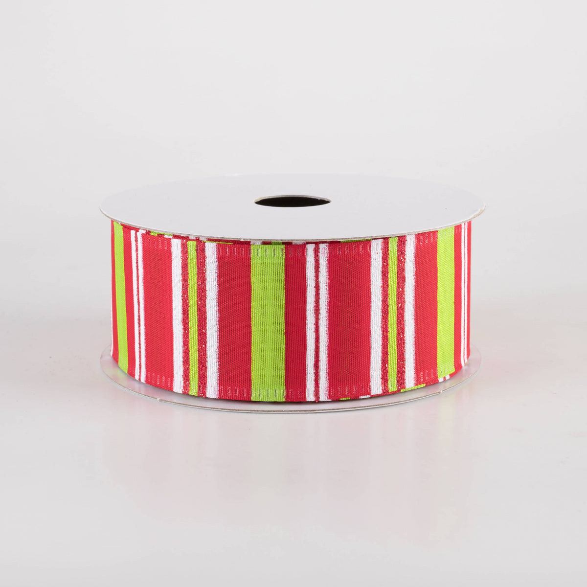 1.5" Glittered Candy Stripes Ribbon: Red, Lime & White (10 Yards) Item Number: 76418-09-29