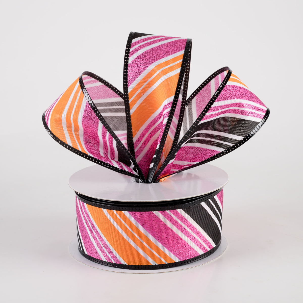 1.5" Glittered Diagonal Stripes Ribbon: Fuchsia Pink, Orange & Black (10 Yards) Lifestyle Photo