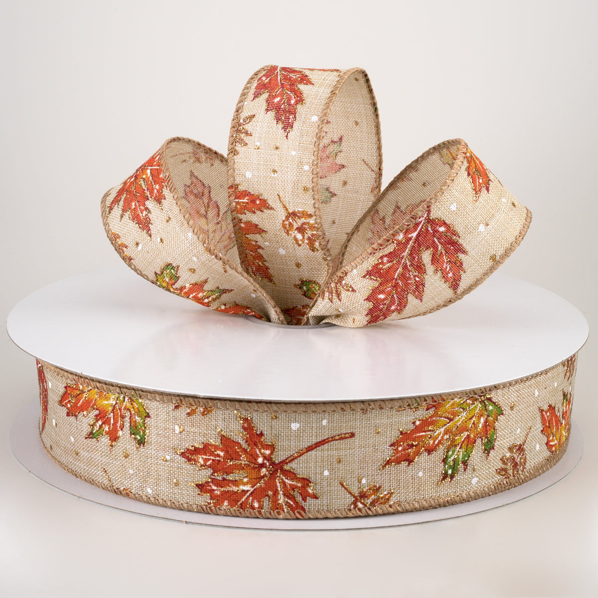 1.5" Glittered Fall Leaves & Snow Flurries Ribbon (50 Yards) Lifestyle Photo