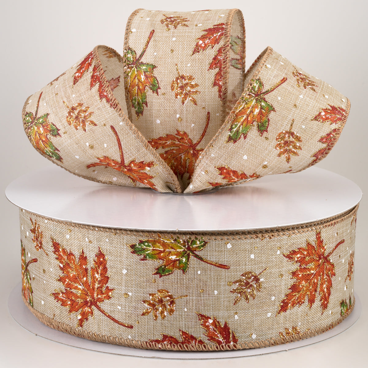2.5" Glittered Fall Leaves & Snow Flurries Ribbon (50 Yards) Lifestyle Photo