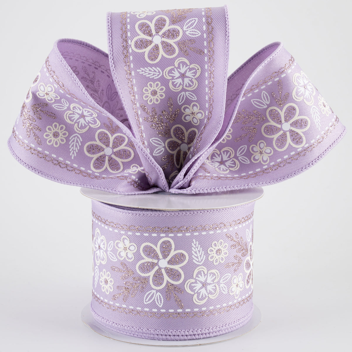2.5" Glittered Floral Trim Ribbon: Ivory, White & Champagne on Lavender (10 Yards) Lifestyle Photo