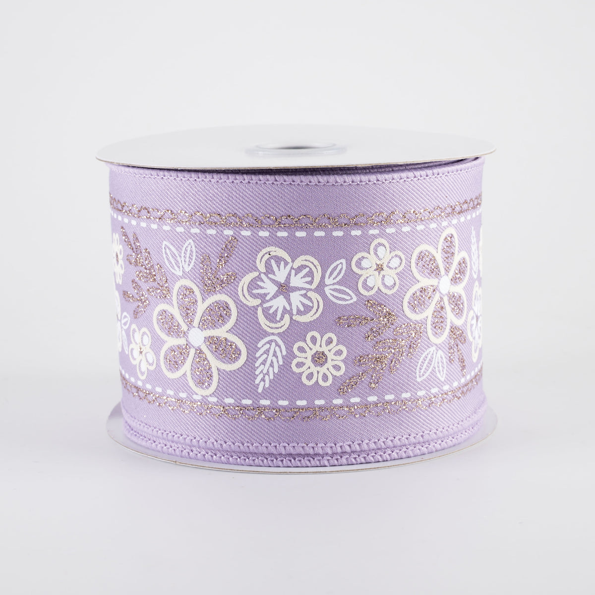 2.5" Glittered Floral Trim Ribbon: Ivory, White & Champagne on Lavender (10 Yards) Item Number: RGF155213