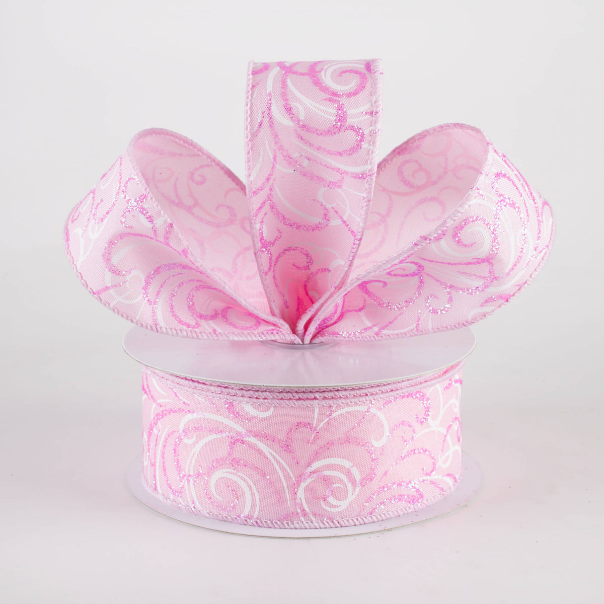 1.5" Glittered Multi Swirls Ribbon: Iridescent Pink & White on Pink (10 Yards) Lifestyle Photo