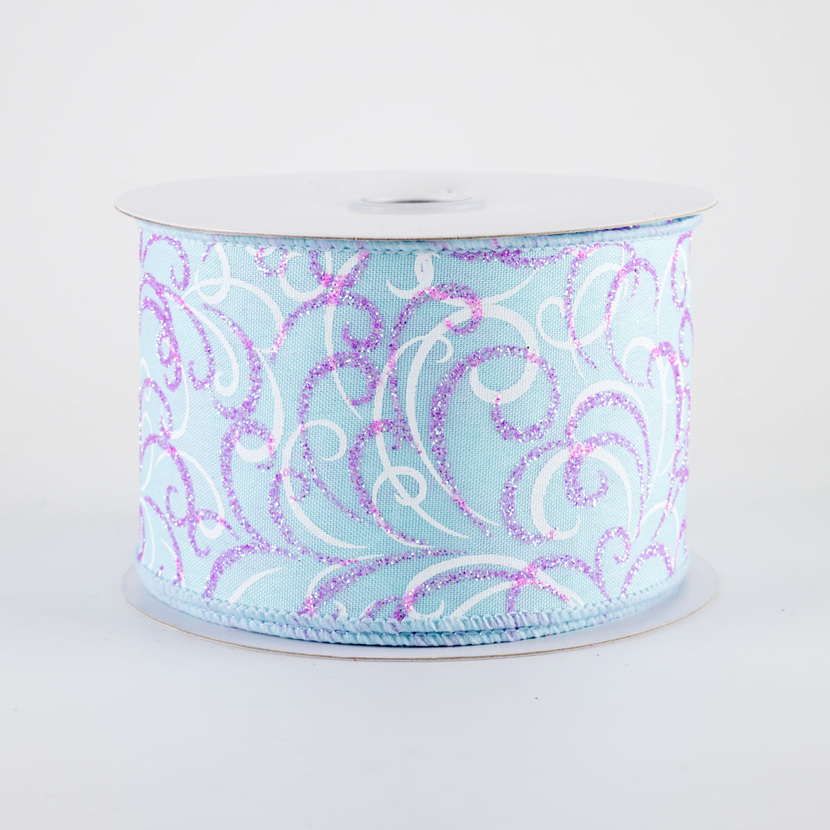 2.5" Glittered Multi Swirls Ribbon: Iridescent Pink & White on Soft Blue (10 Yards) Item Number: RGF1327FY