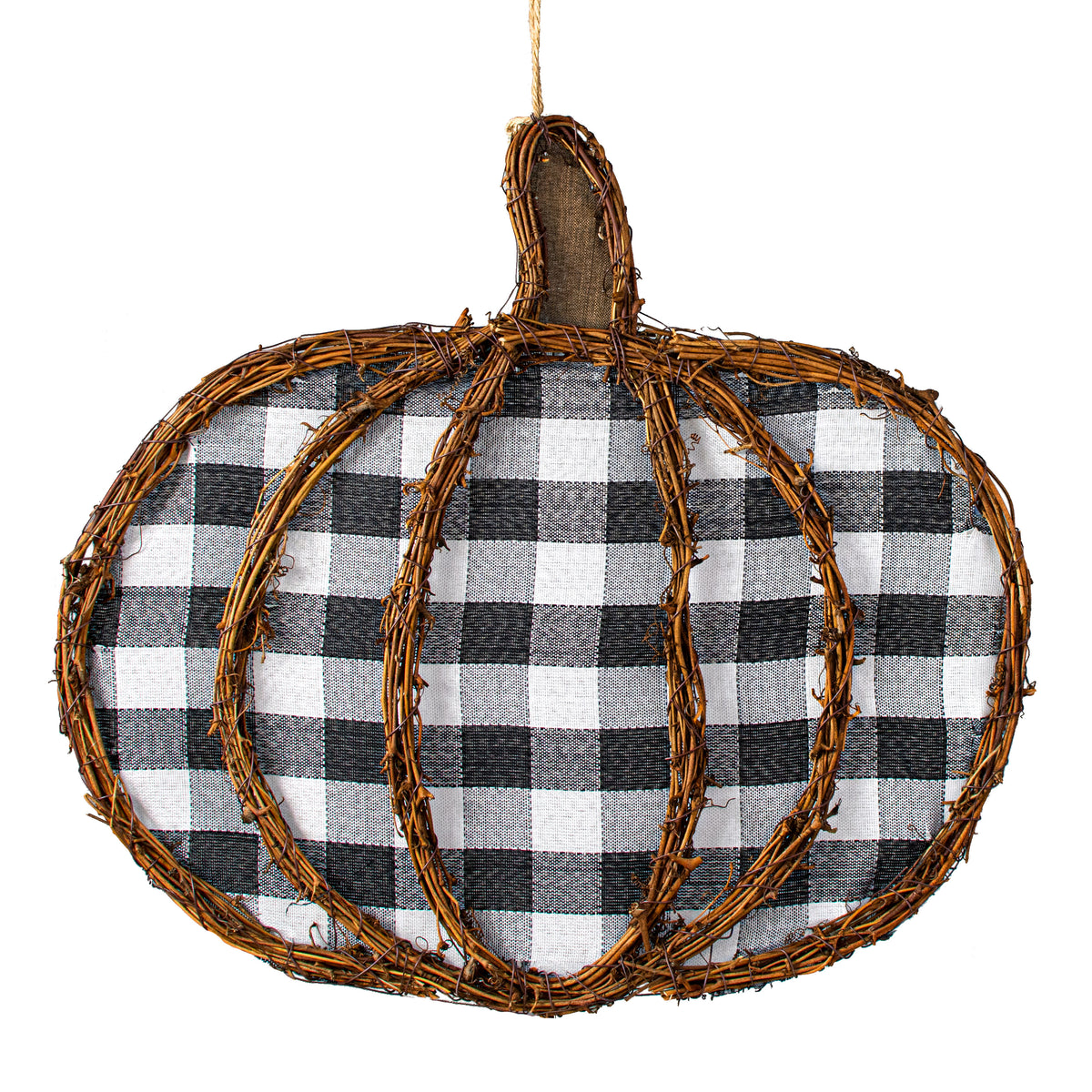 16" Grapevine Hanger: Black & White Check Pumpkin Item Number: KG3054