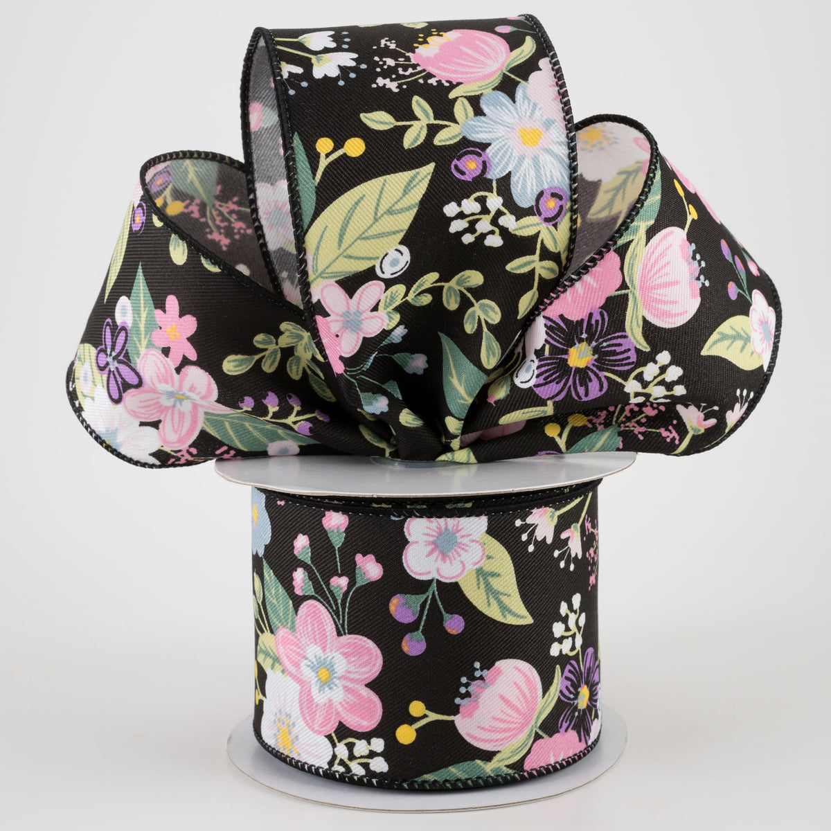 2.5" Graphic Florals Ribbon: Black, Pink, Blue, Green (10 Yards) Lifestyle Photo