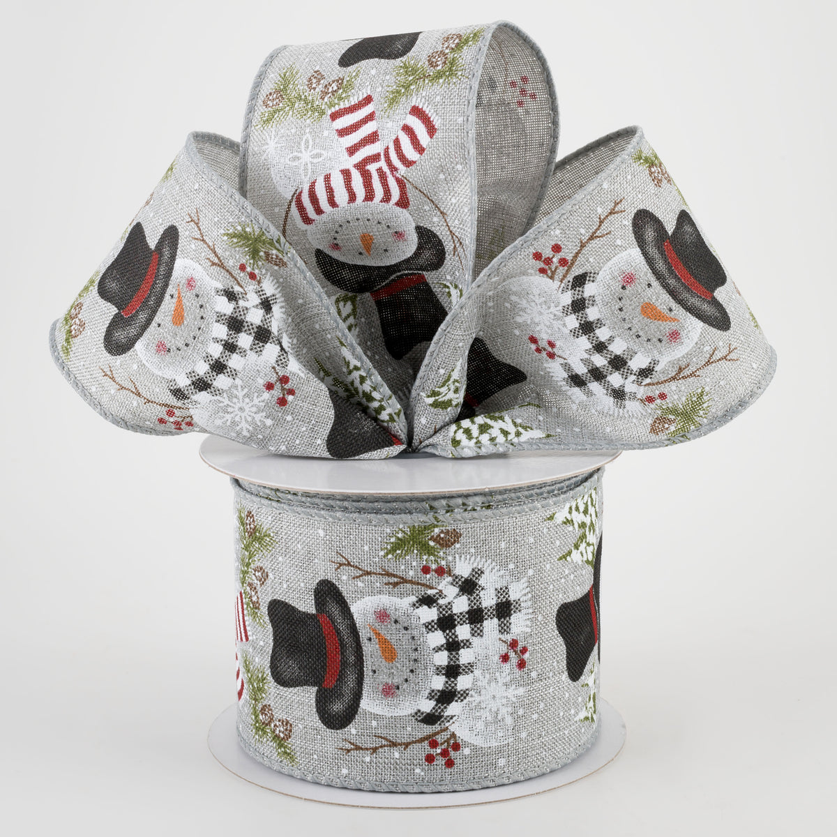 2.5" Grey Linen Snowman With Scarf Ribbon (10 Yards) Lifestyle Photo