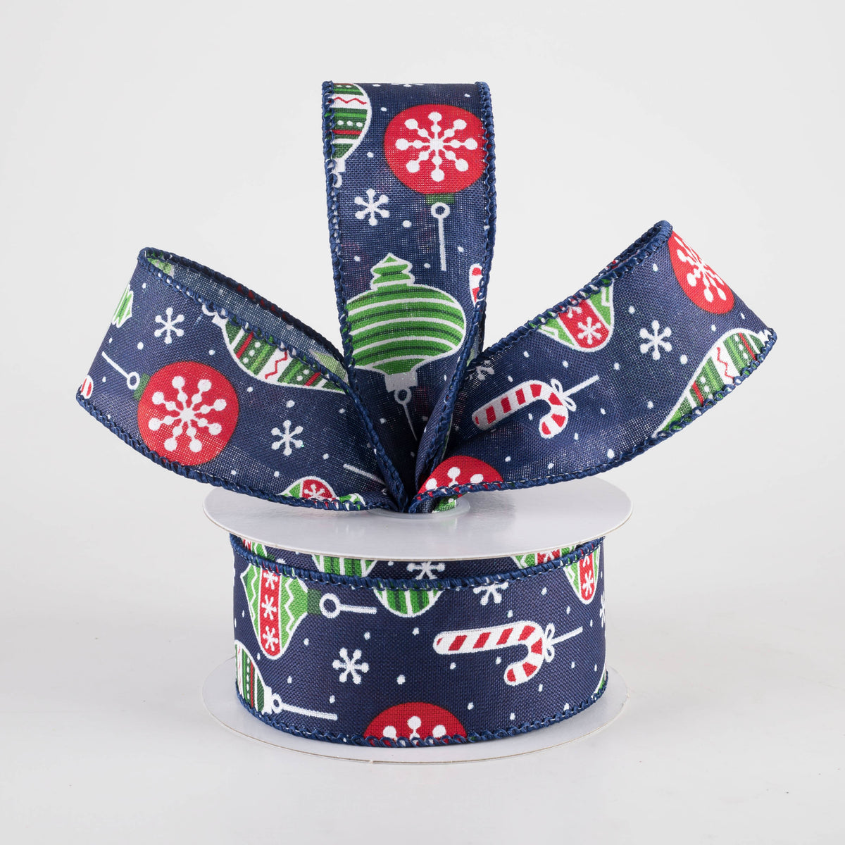 1.5" Hanging Christmas Ornaments Ribbon: Red & Green on Navy (10 Yards) Lifestyle Photo