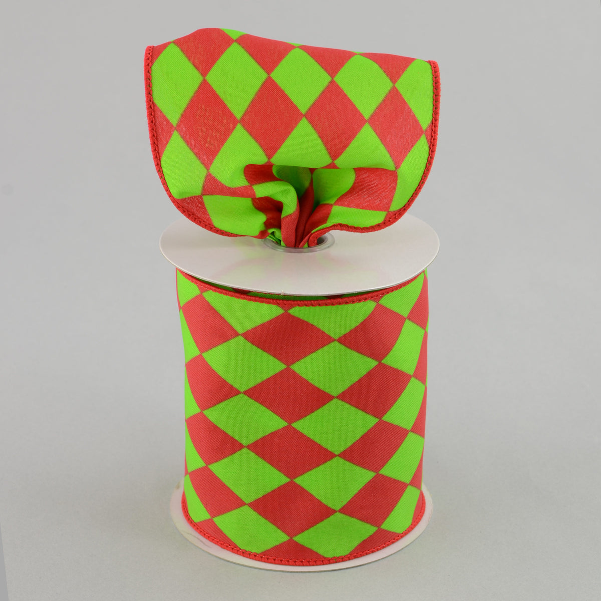 4" Harlequin Diamond Ribbon: Lime & Red (10 Yards) Lifestyle Photo
