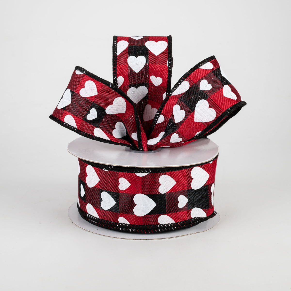 1.5" Hearts On Buffalo Plaid Ribbon: Black, Red, White (10 Yards) Lifestyle Photo