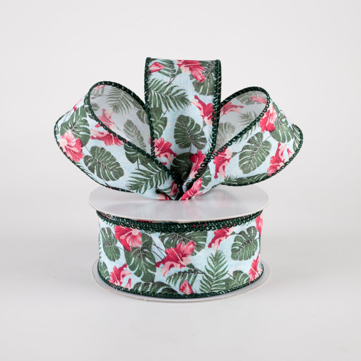 1.5" Hibiscus Monstera Leaves Ribbon: Aqua & Pink (10 Yards) Lifestyle Photo