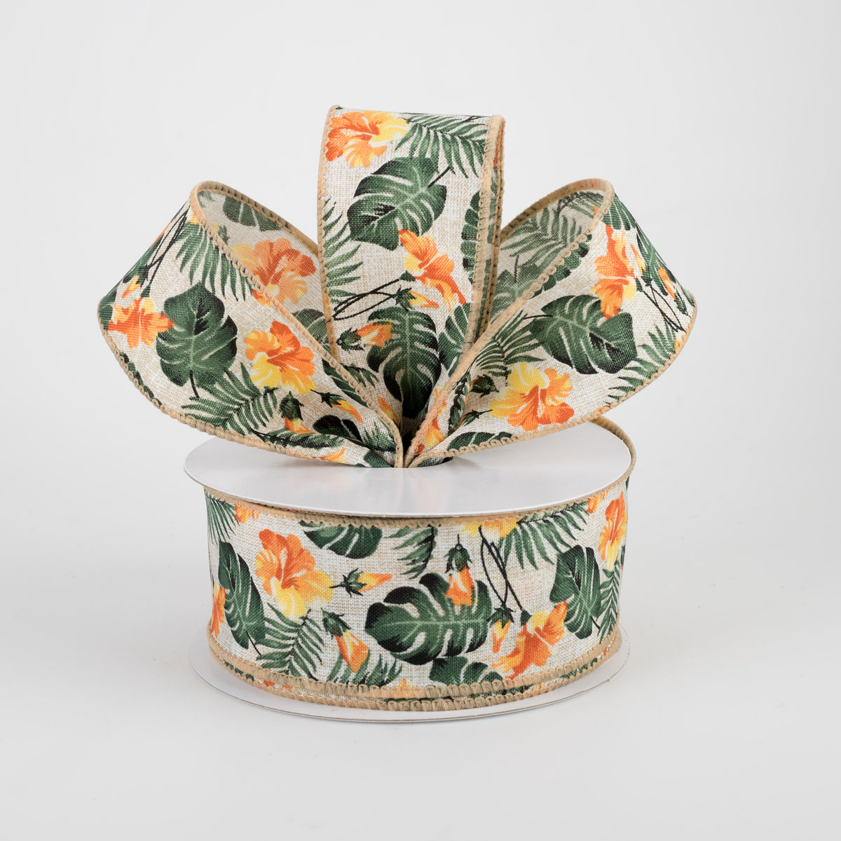 1.5" Hibiscus Monstera Leaves Ribbon: Natural & Orange (10 Yards) Lifestyle Photo
