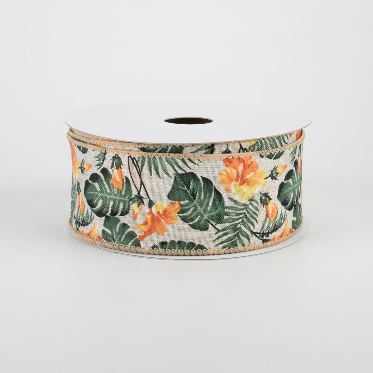 1.5" Hibiscus Monstera Leaves Ribbon: Natural & Orange (10 Yards)
