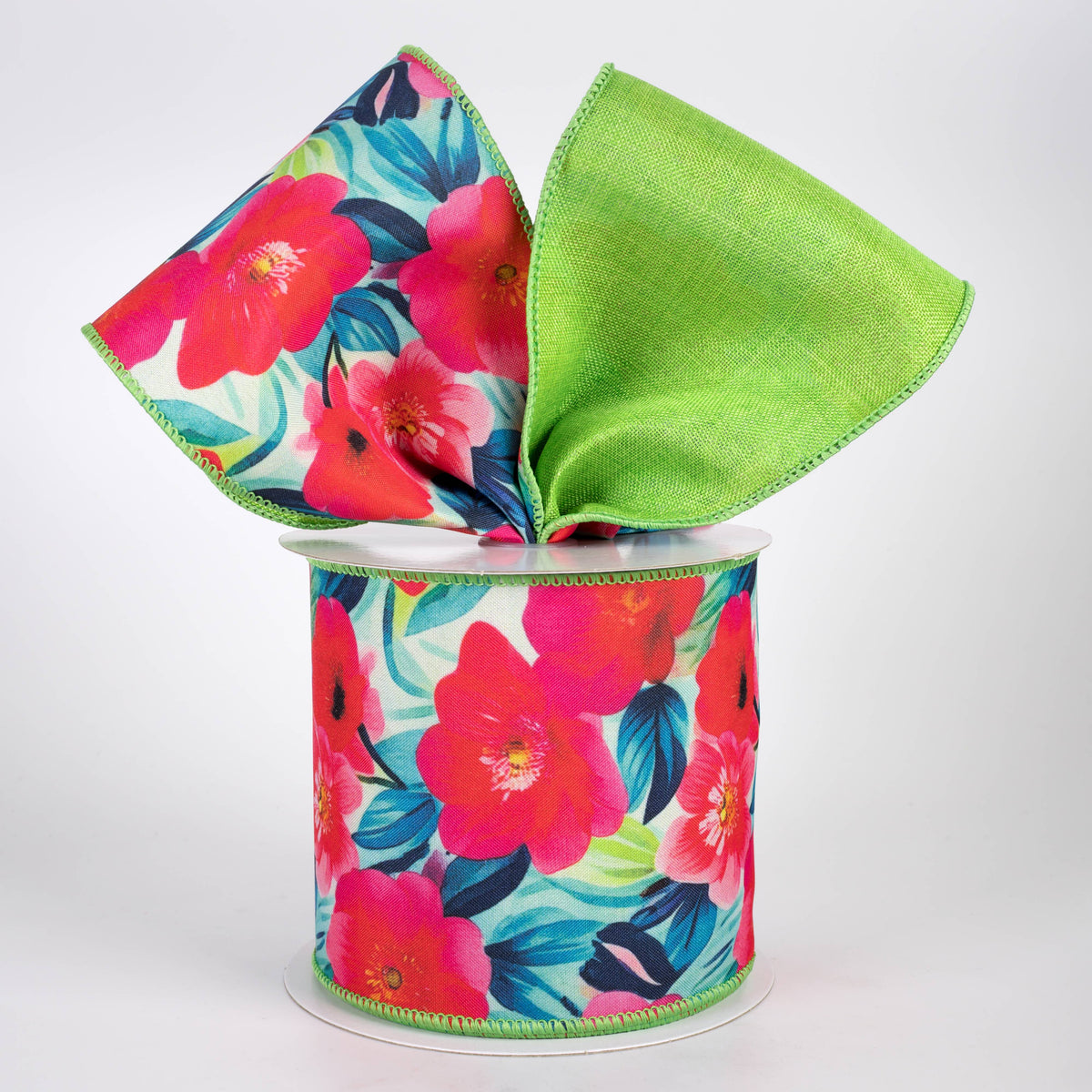 4" Double Sided Fused Begonia Flowers Ribbon: Lime Green (10 Yards)