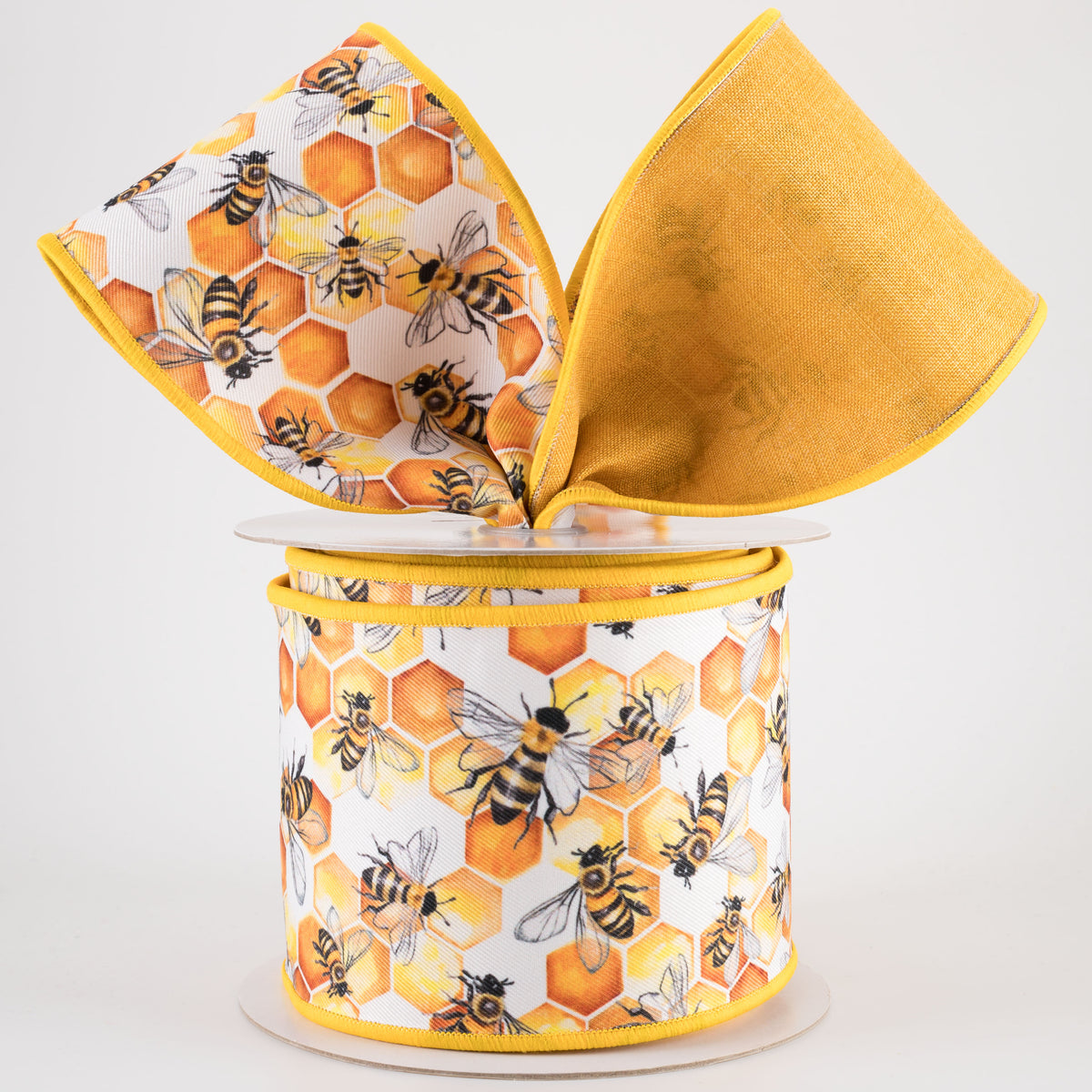 4" Double Sided Fused Honeycomb Bees Ribbon (10 Yards)