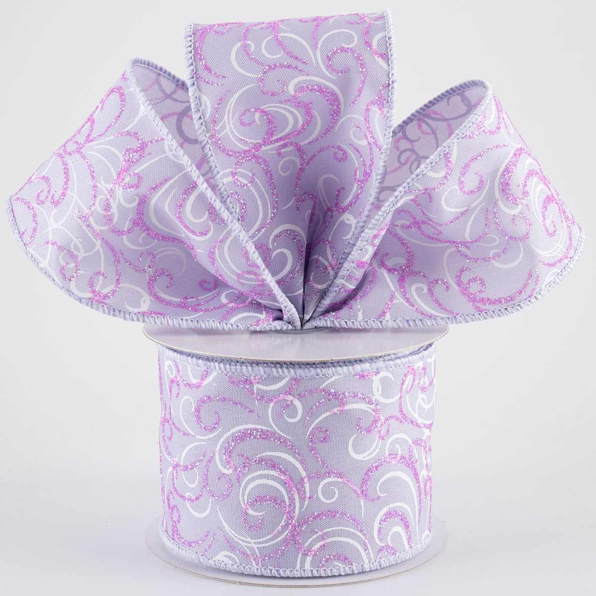 2.5" Glittered Multi Swirls Ribbon: Iridescent Pink & White on Lavender (10 Yards)