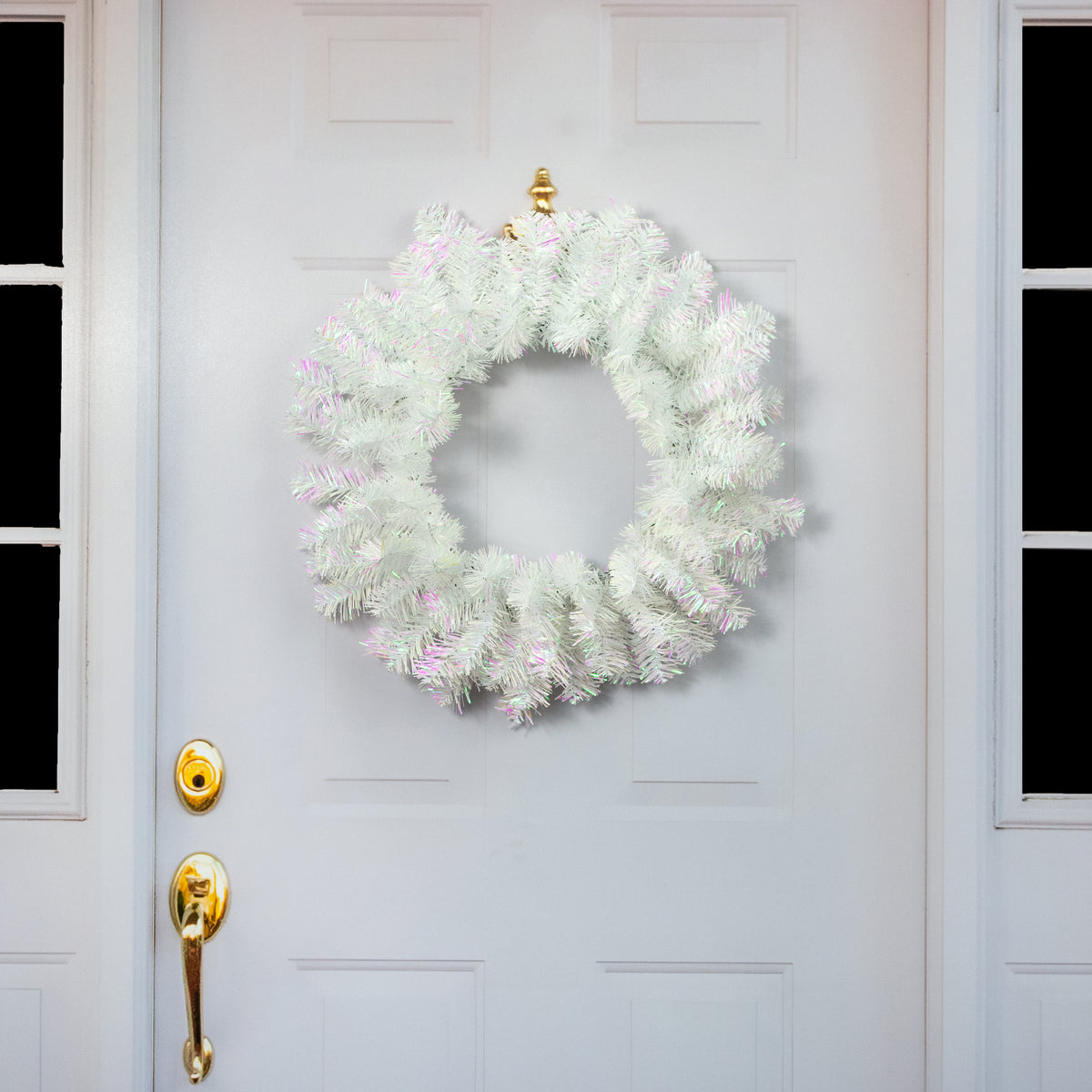 24" Pine Tinsel Wreath: Iridescent White
