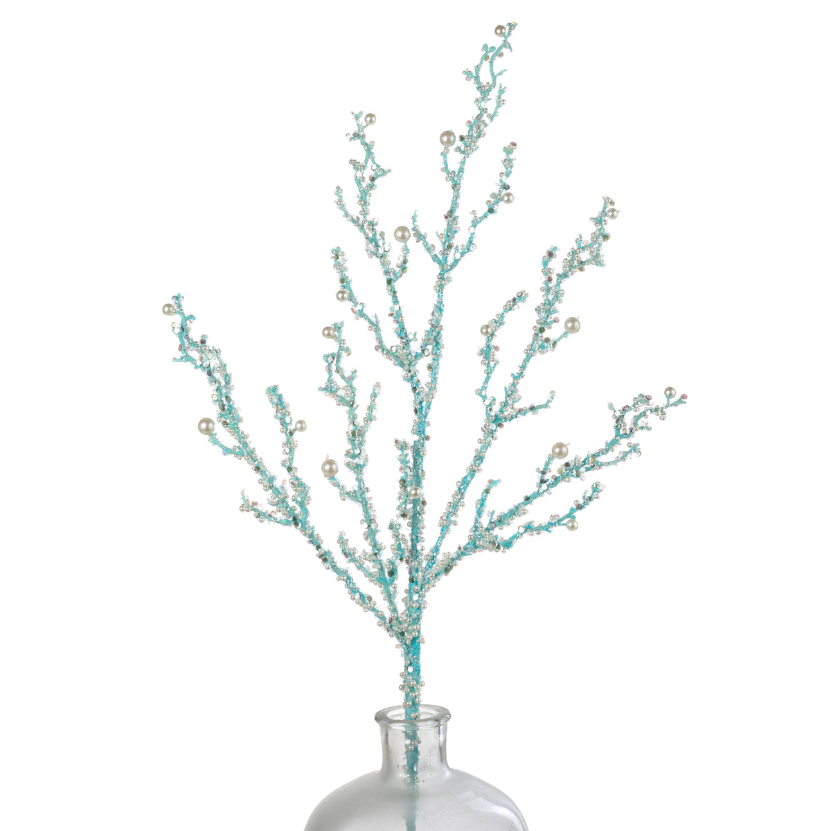 33" Pearls & Iridescent Glitter Twig Spray: Light Blue
