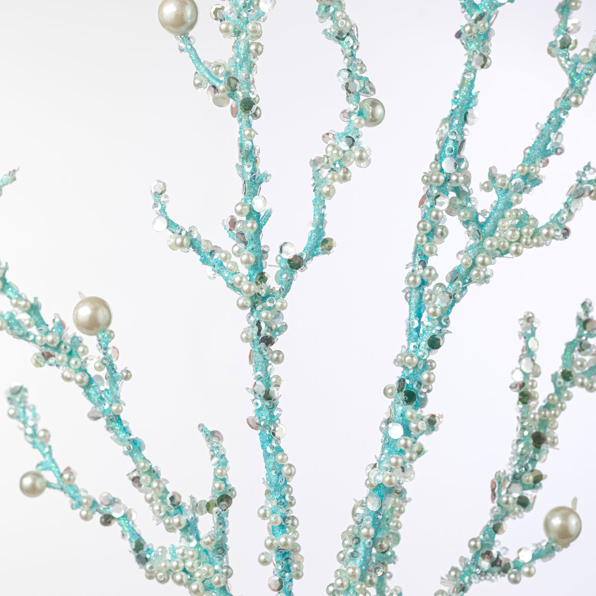 33" Pearls & Iridescent Glitter Twig Spray: Light Blue