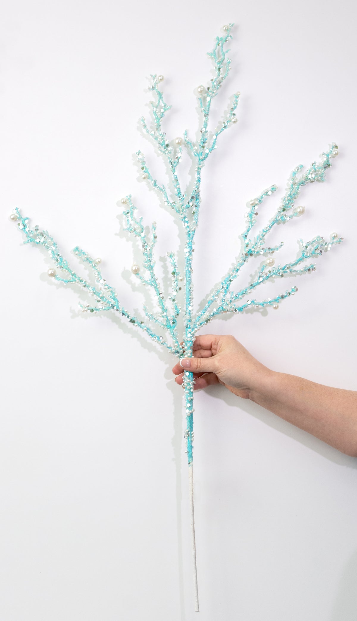33" Pearls & Iridescent Glitter Twig Spray: Light Blue