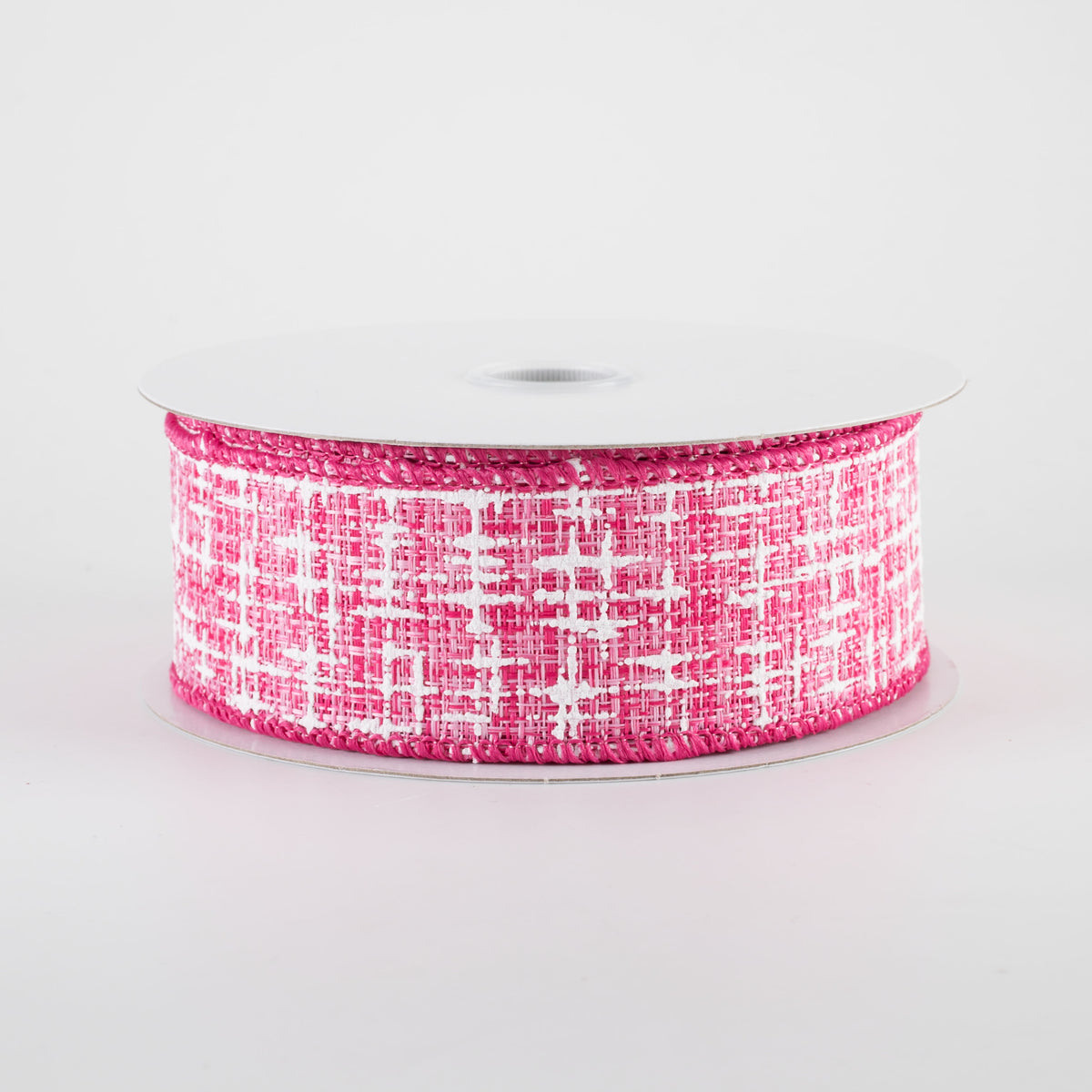 1.5" Embellished Tweed Ribbon: Fuchsia Pink & White (10 Yards)