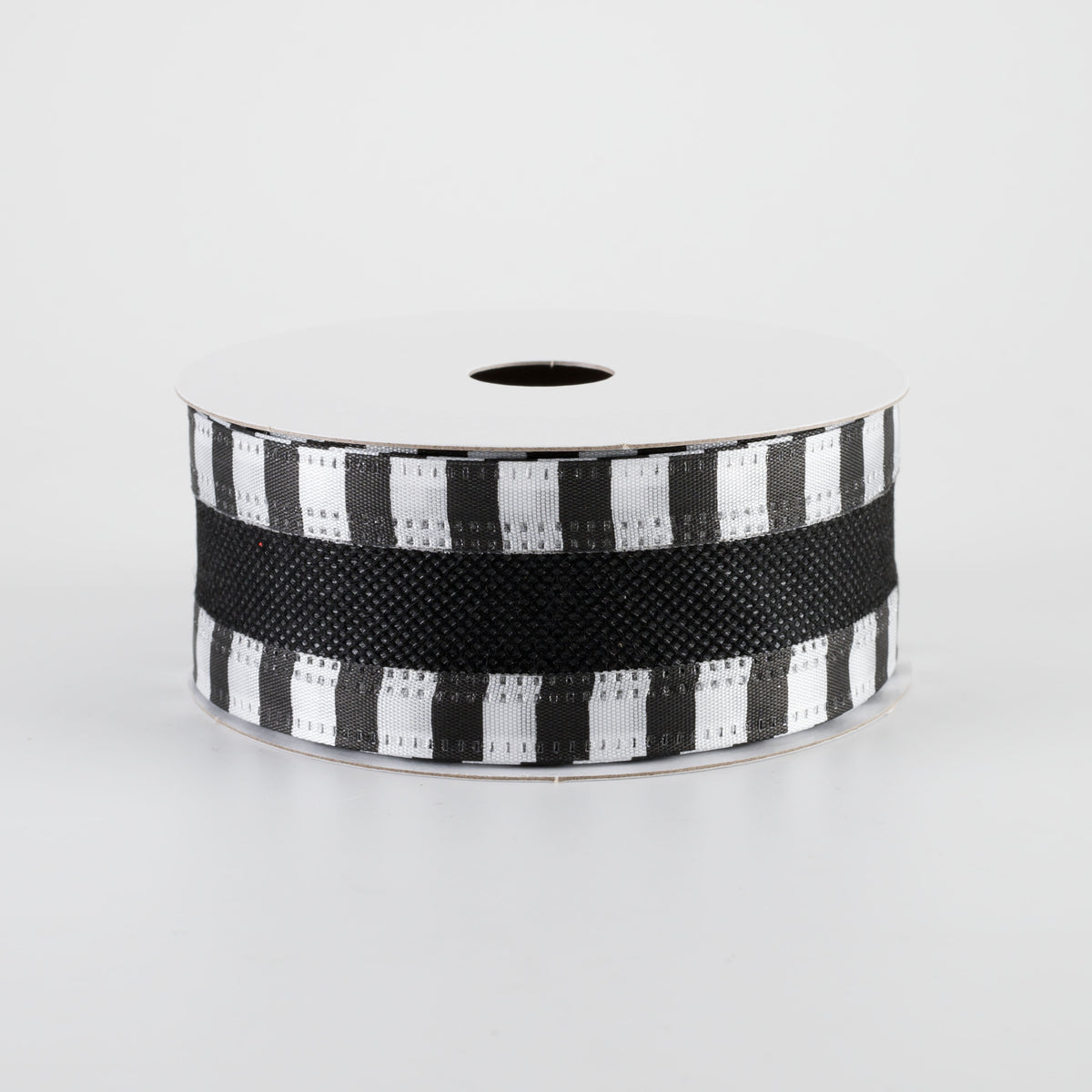 1.5" Striped Edge Breeze Ribbon: Black & White (10 Yards)