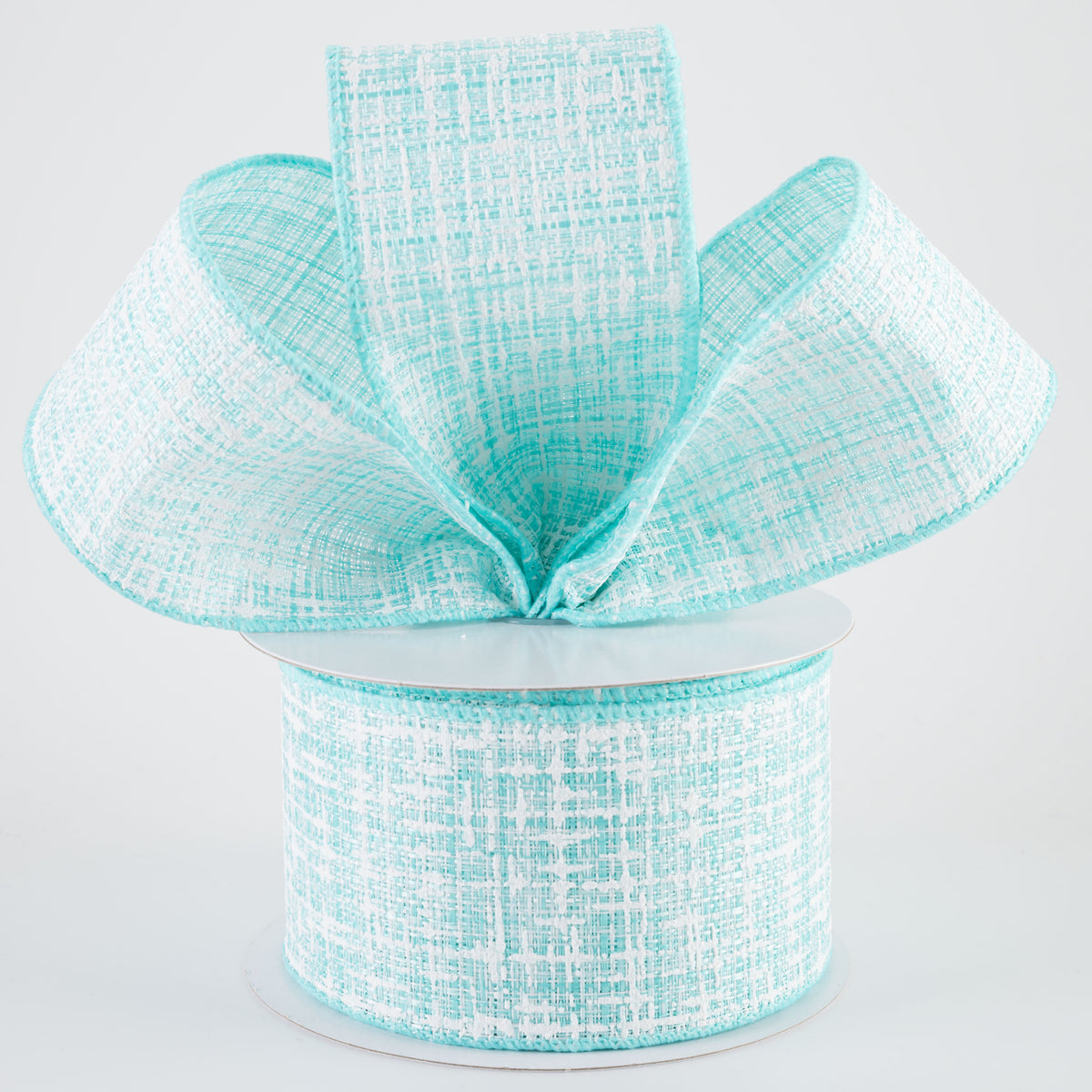 2.5" Embellished Tweed Ribbon: Aqua Blue & White (10 Yards)