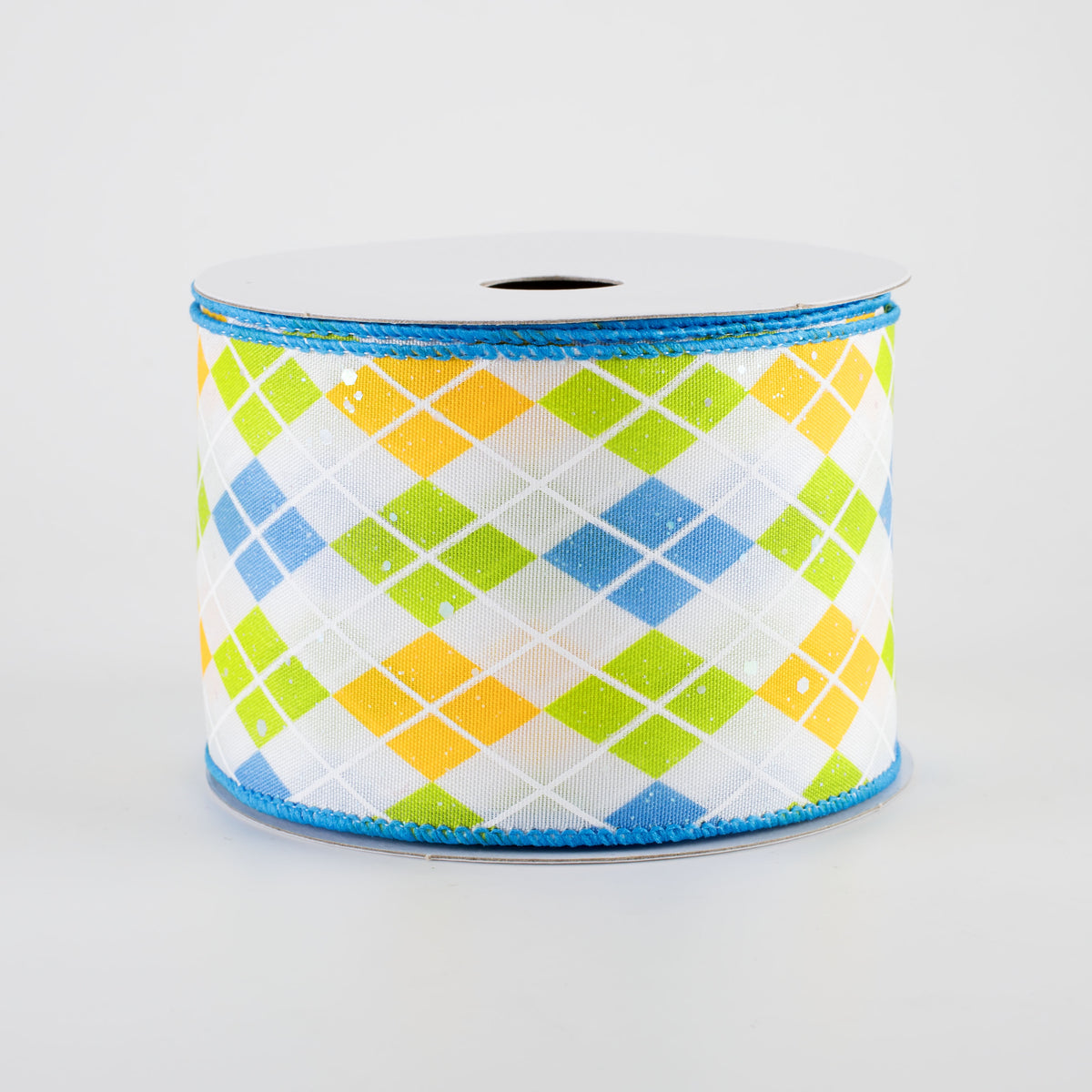 2.5" Iridescent Argyle Ribbon: White, Turquoise, Kiwi & Yellow (10 Yards)