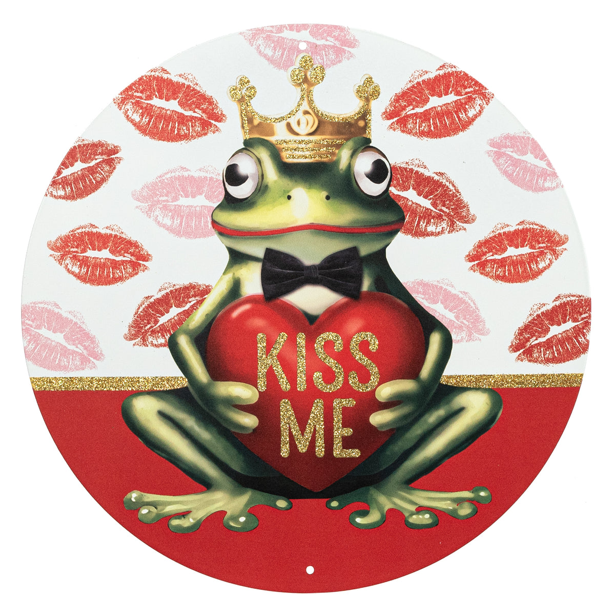 12" Round Metal Sign: Glittered Kiss Me Frog Prince