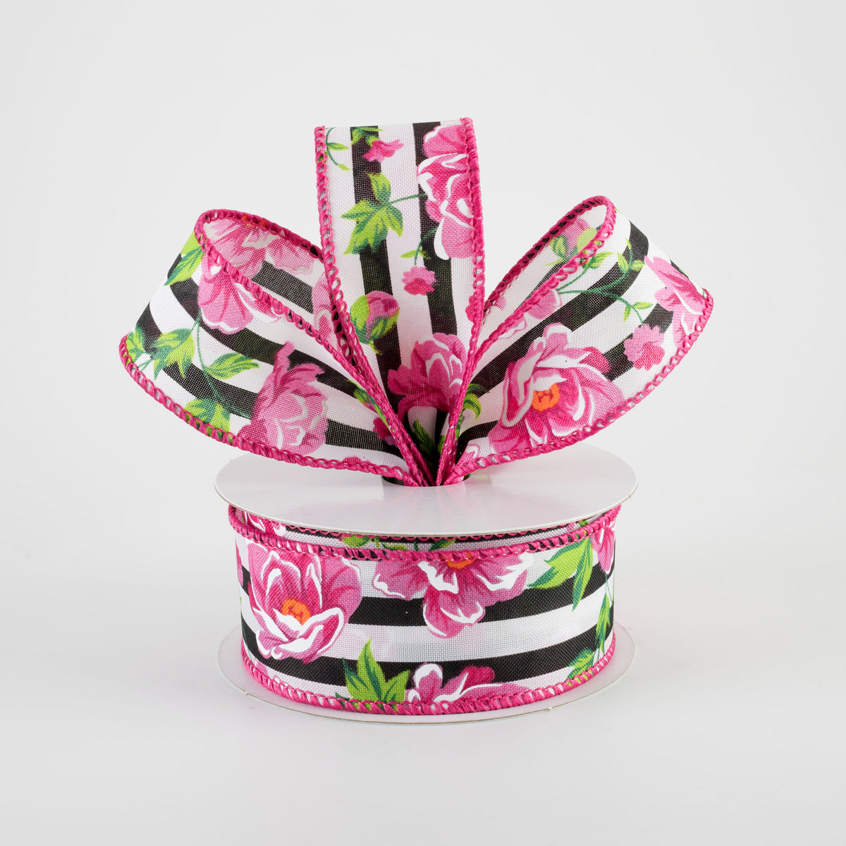 1.5" Fuchsia Pink Peonies on Cabana Stripe Ribbon: Black & White (10 Yards)