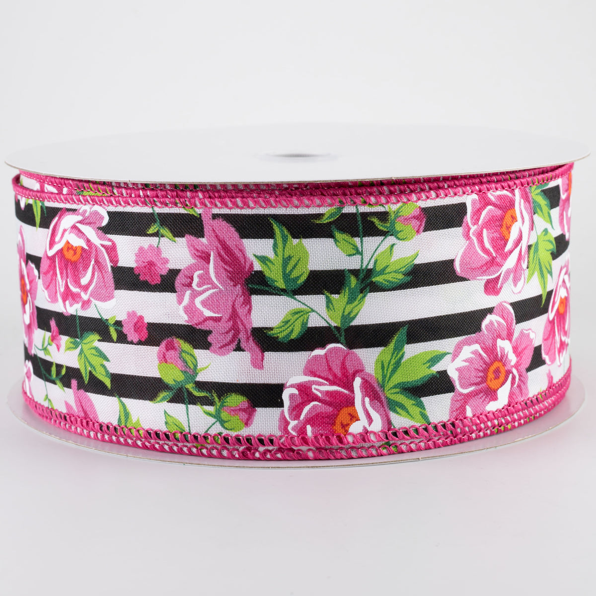 2.5" Fuchsia Pink Peonies on Cabana Stripe Ribbon: Black & White (50 Yards)