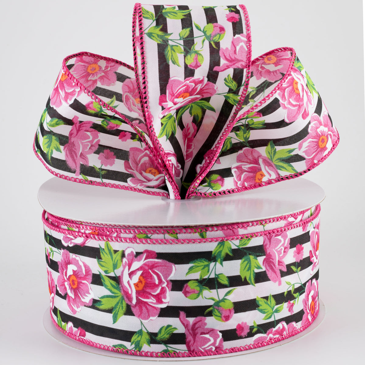 2.5" Fuchsia Pink Peonies on Cabana Stripe Ribbon: Black & White (50 Yards)
