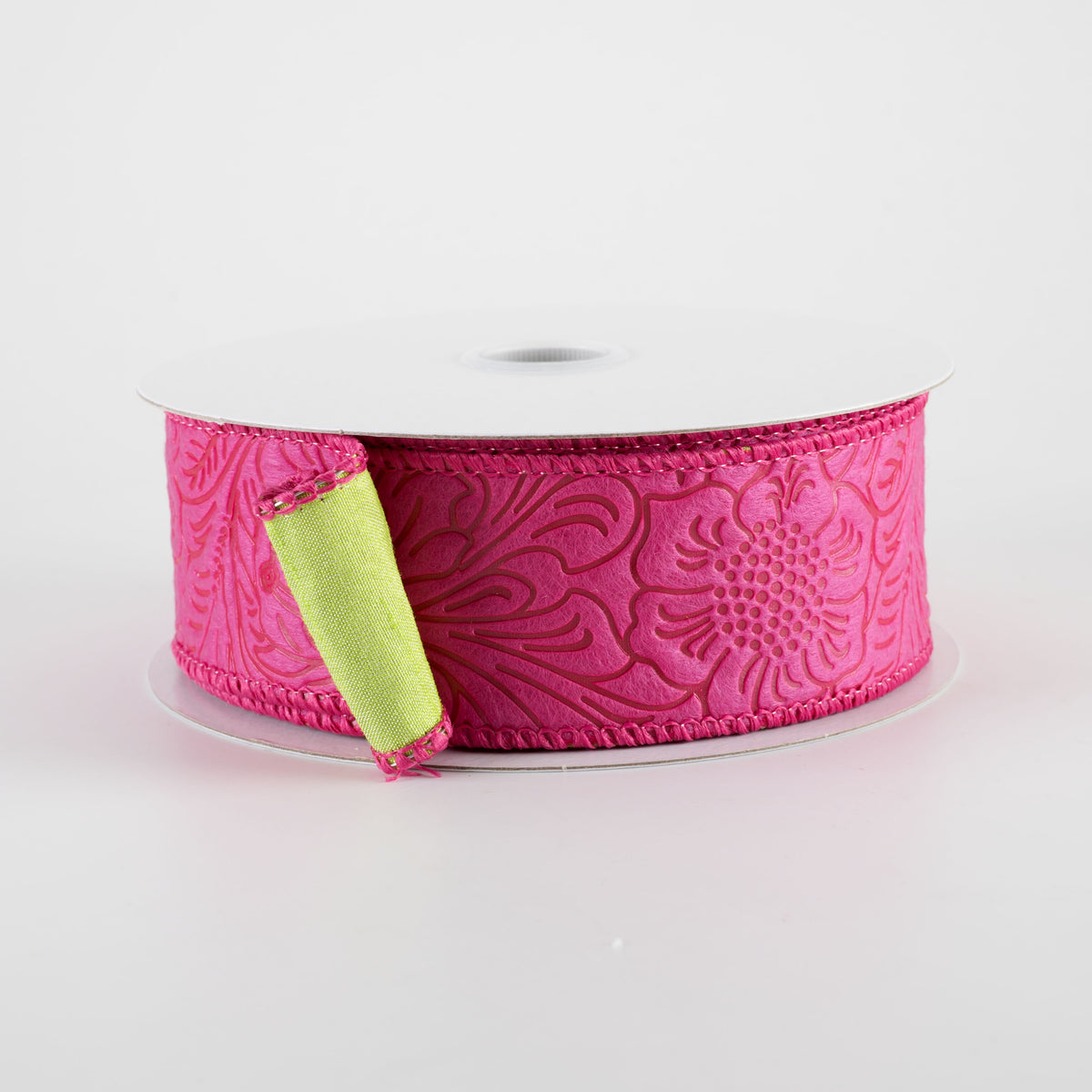 1.5" Double Sided Flower Breeze & Dupioni Ribbon: Fuchsia & Green (10 Yards)