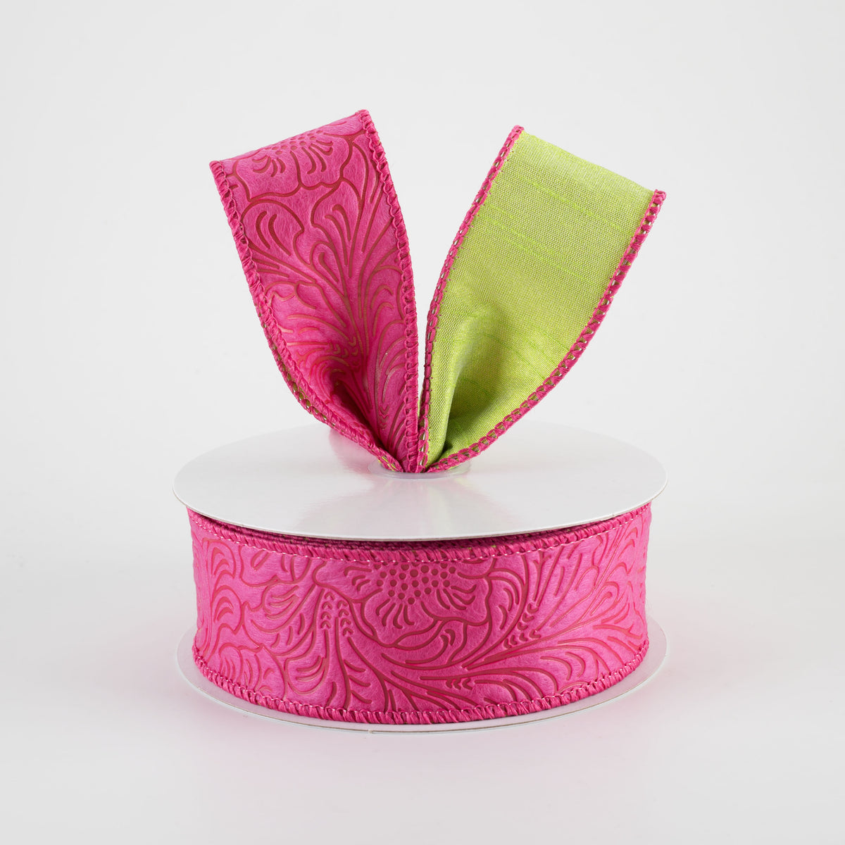 1.5" Double Sided Flower Breeze & Dupioni Ribbon: Fuchsia & Green (10 Yards)