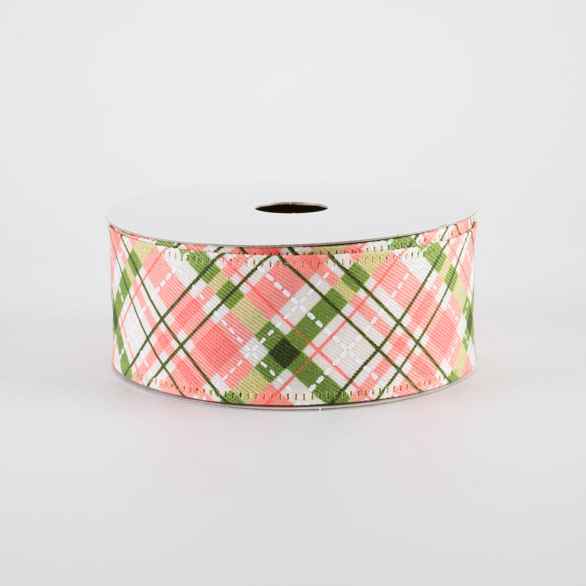 1.5" Cream Linen Argyle Plaid Ribbon: Coral, Moss Green & White (10 Yards)
